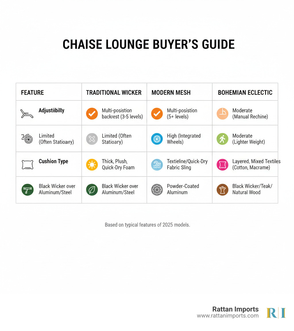 table comparing key features of different chaise lounge types (e.g., Adjustability levels, Portability via wheels, Cushion type, Frame material) - black wicker chaise lounge infographic 