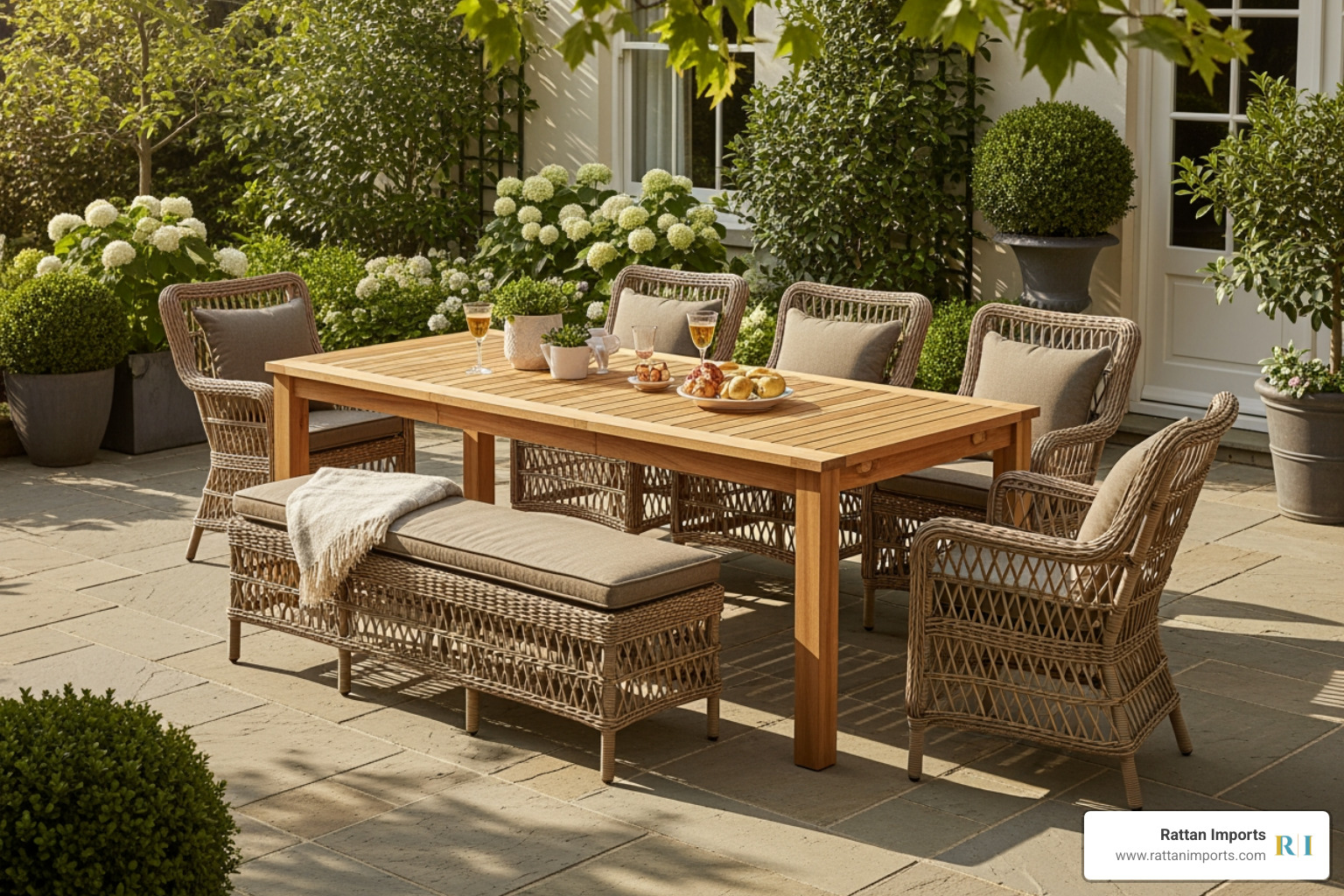 a complete Lloyd Flanders dining set, mixing a teak table with neat wicker chairs and a matching bench. - lloyd flanders teak dining table a complete Lloyd Flanders dining set, mixing a teak table with neat wicker chairs and a matching bench. - lloyd flanders teak dining table