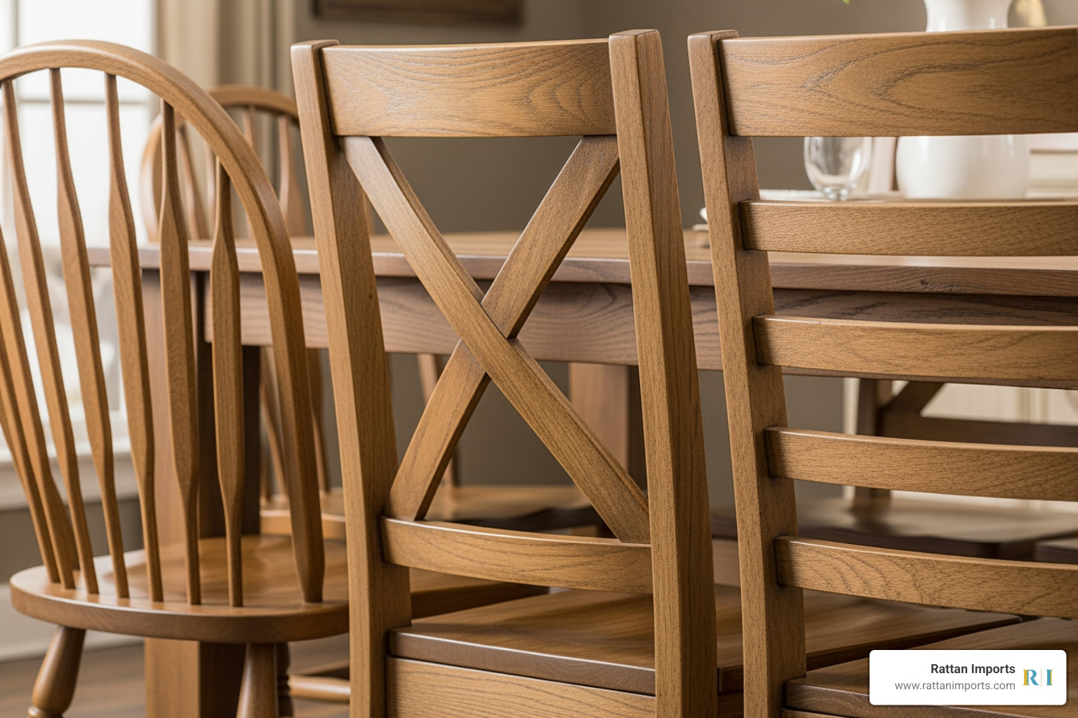 close-up details of different farmhouse chair back styles like spindle, X-back, and slat-back - black farmhouse dining chairs with arms