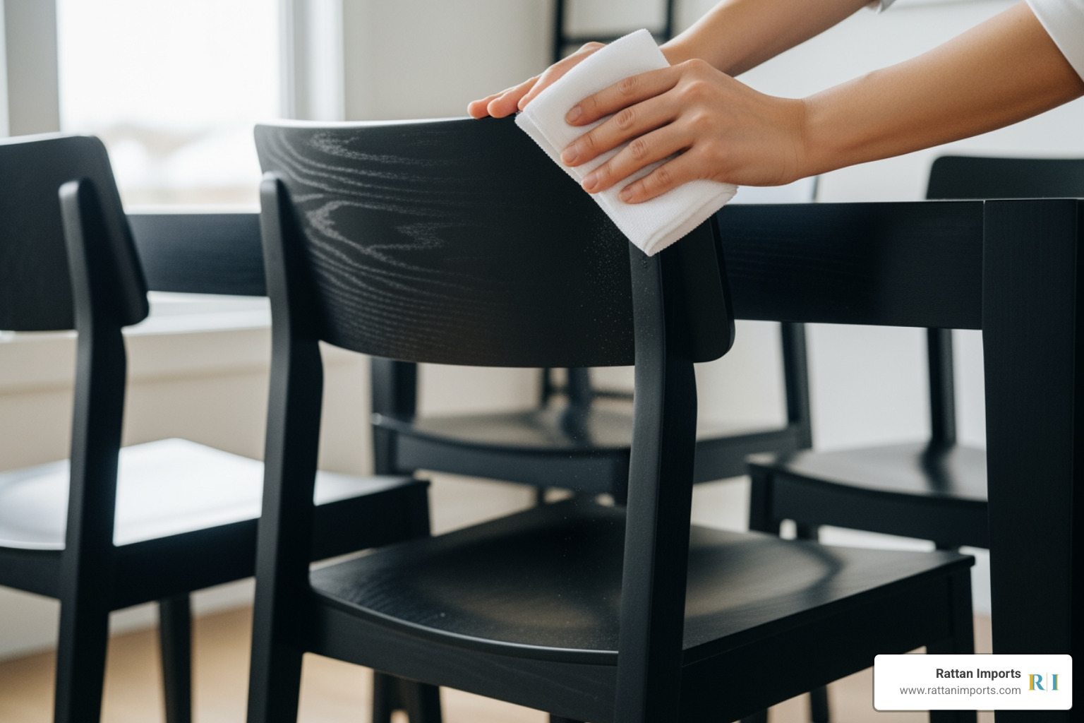 person gently wiping down a black wooden dining chair with a soft cloth - black farmhouse dining chairs with arms