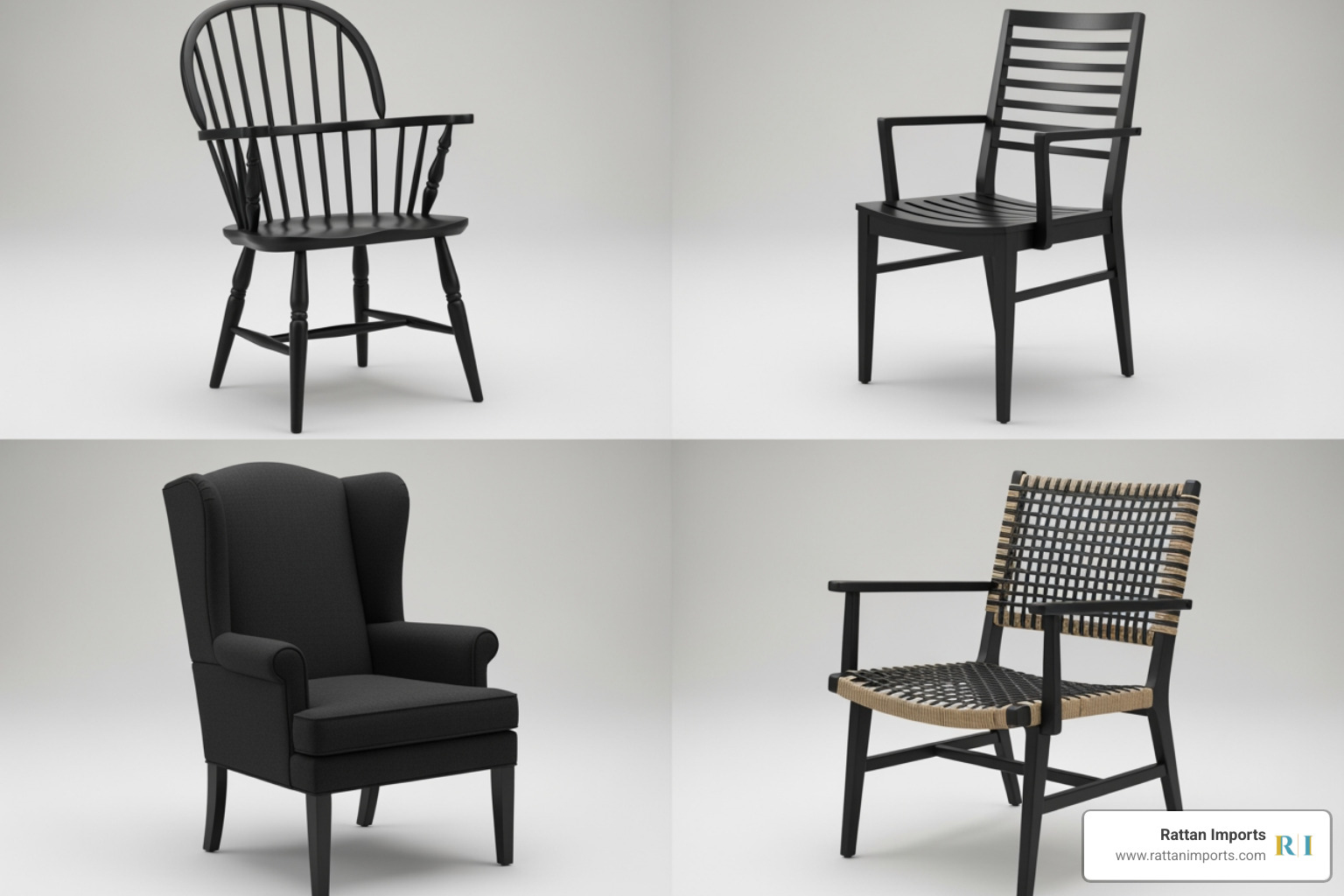 collage showcasing different styles of black farmhouse dining chairs with arms - black farmhouse dining chairs with arms