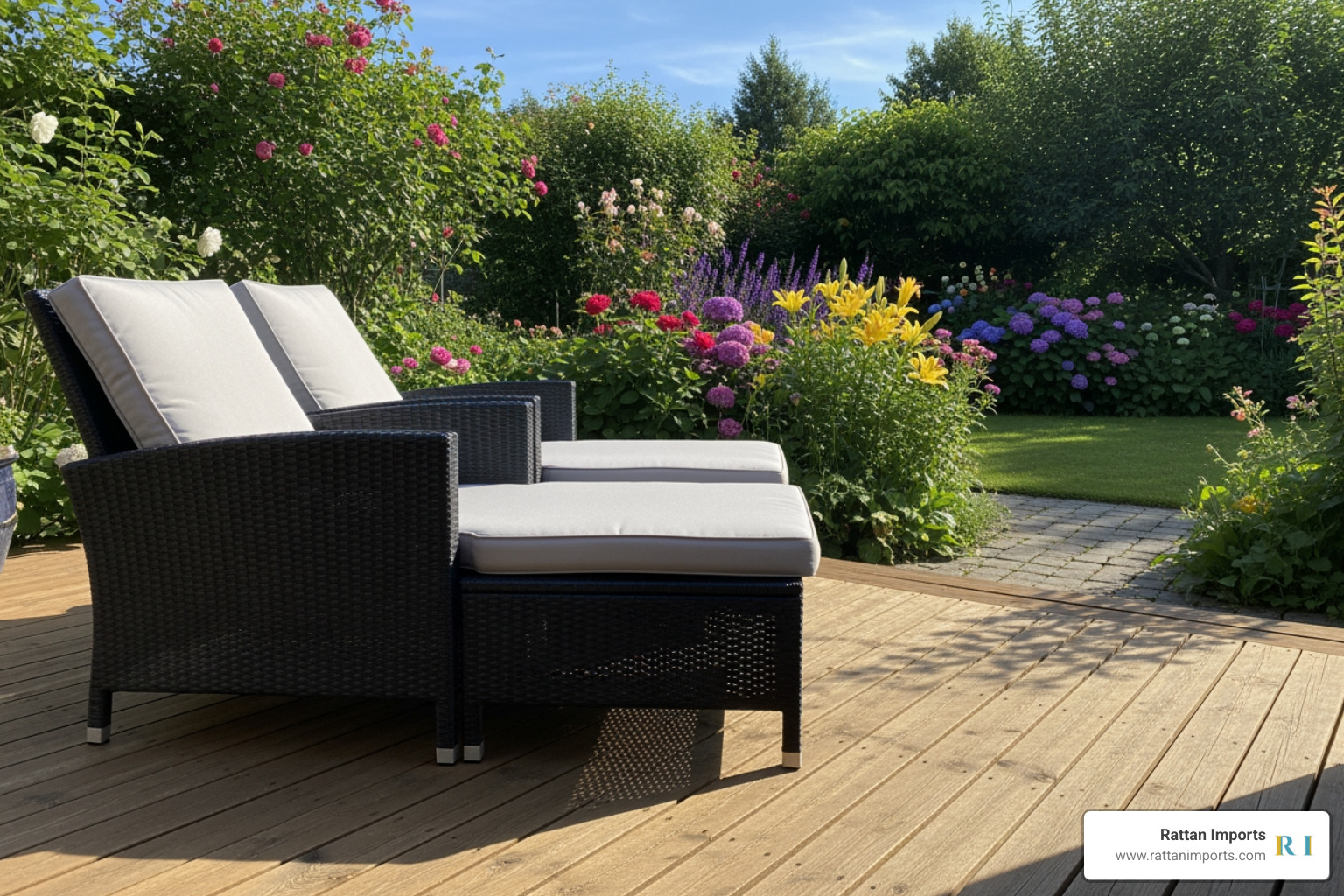 a pair of black wicker chaise lounges with neutral cushions on a sun-drenched deck overlooking a garden - black wicker chaise lounge