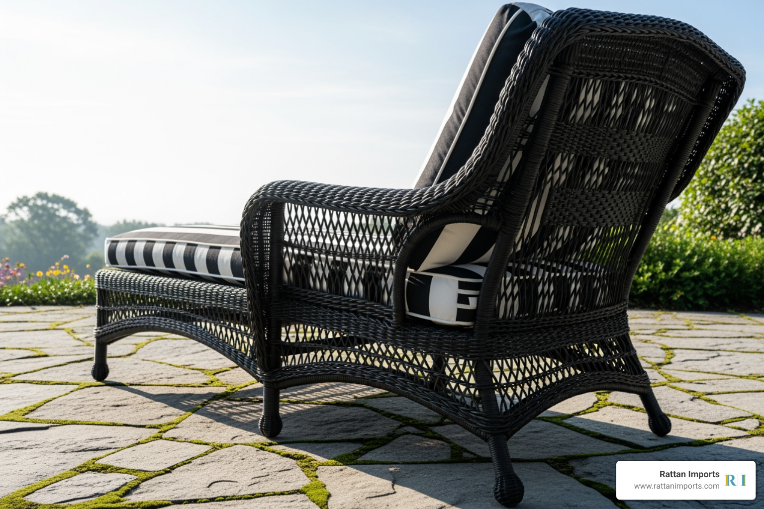 a traditionally styled black wicker chaise with neat curves and thick, striped cushions on a classic stone patio - black wicker chaise lounge