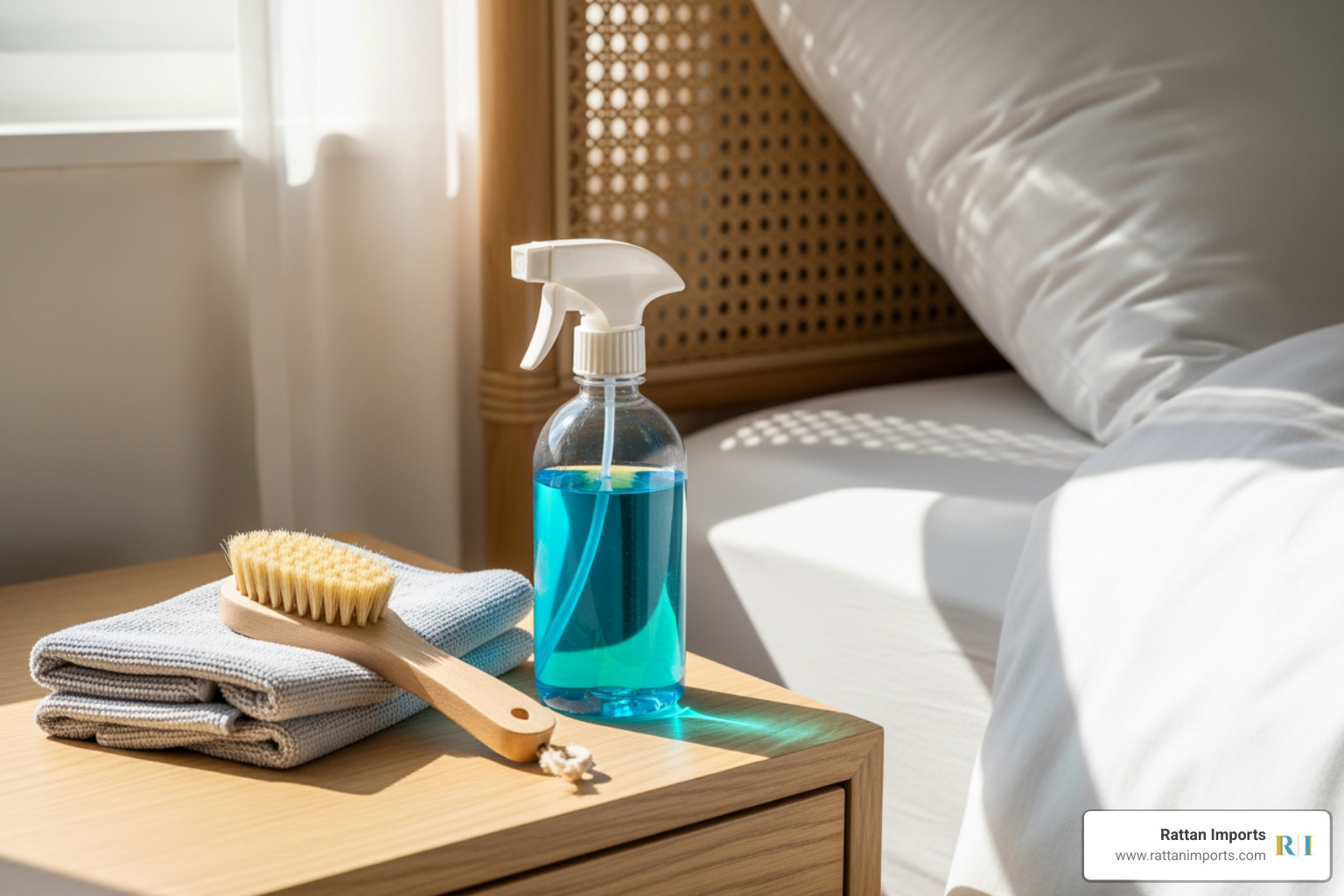 Cleaning supplies on a bedside table next to a rattan bed, including a soft cloth, a small brush, and a spray bottle - platform rattan bed