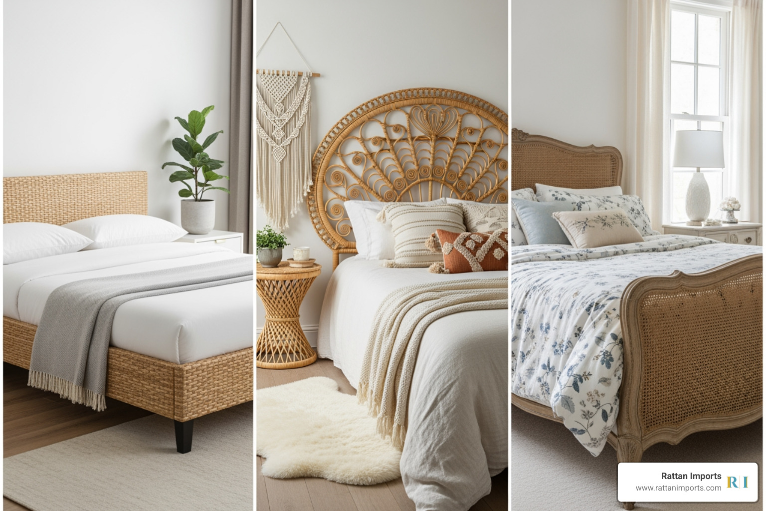 Collage showing three platform rattan bed styles: a modern bed with clean lines and a simple rattan headboard, a bohemian bed with a curved, intricately woven rattan headboard, and a French country bed with elegant, slightly distressed rattan elements - platform rattan bed