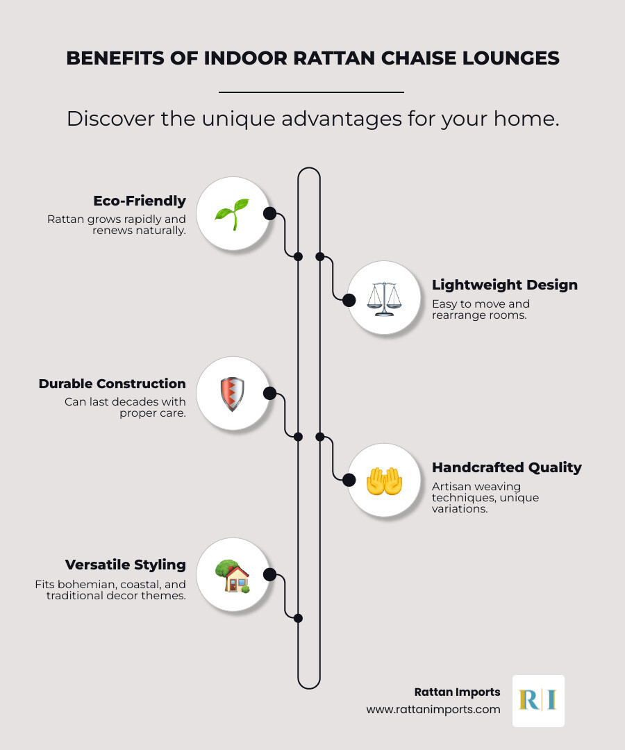Infographic showing the key benefits of indoor rattan chaise lounges: Eco-Friendly and Sustainable (rattan grows rapidly and renews naturally), Lightweight Design (easy to move and rearrange rooms), Durable Construction (can last decades with proper care), Natural Variations (each piece is unique with organic color and texture differences), Handcrafted Quality (artisan weaving techniques passed down through generations), Indoor-Specific (natural finish designed for climate-controlled spaces), and Versatile Styling (fits bohemian, coastal, traditional, and Scandinavian decor themes) - rattan chaise lounge indoor infographic infographic-line-5-steps-elegant_beige