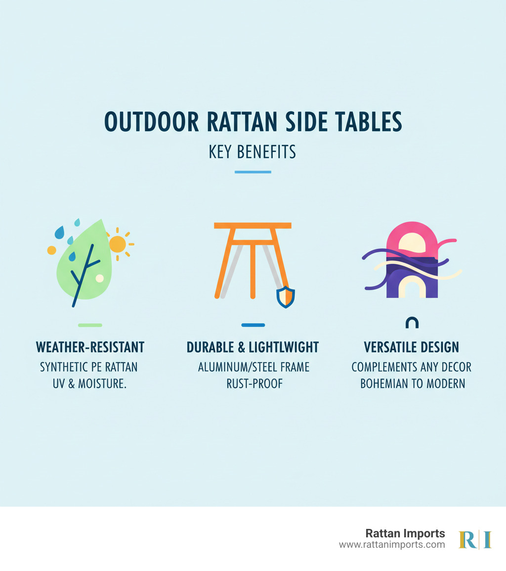 infographic showing three key benefits of outdoor rattan side tables: weather-resistant synthetic PE rattan withstands UV rays and moisture, lightweight aluminum or steel frames provide rust-proof durability, and versatile designs complement any outdoor decor style from bohemian to modern - Outdoor rattan side table infographic 
