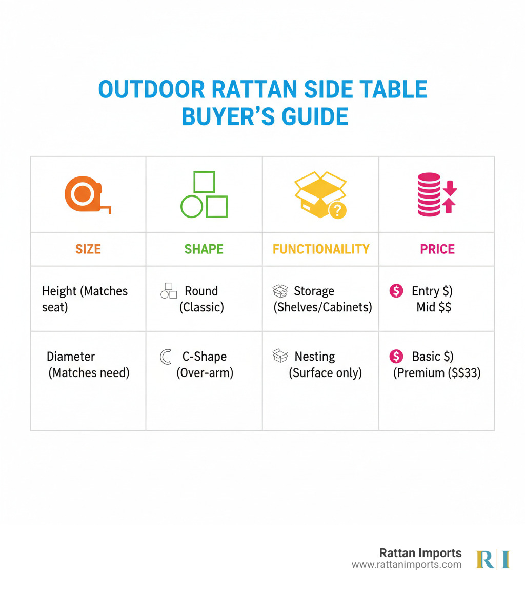 table comparing key considerations: Size (Height/Diameter), Shape (Round/Square/C-Shape), Functionality (Storage/Nesting/Basic), and General Price Point (Entry/Mid/Premium). - Outdoor rattan side table infographic 