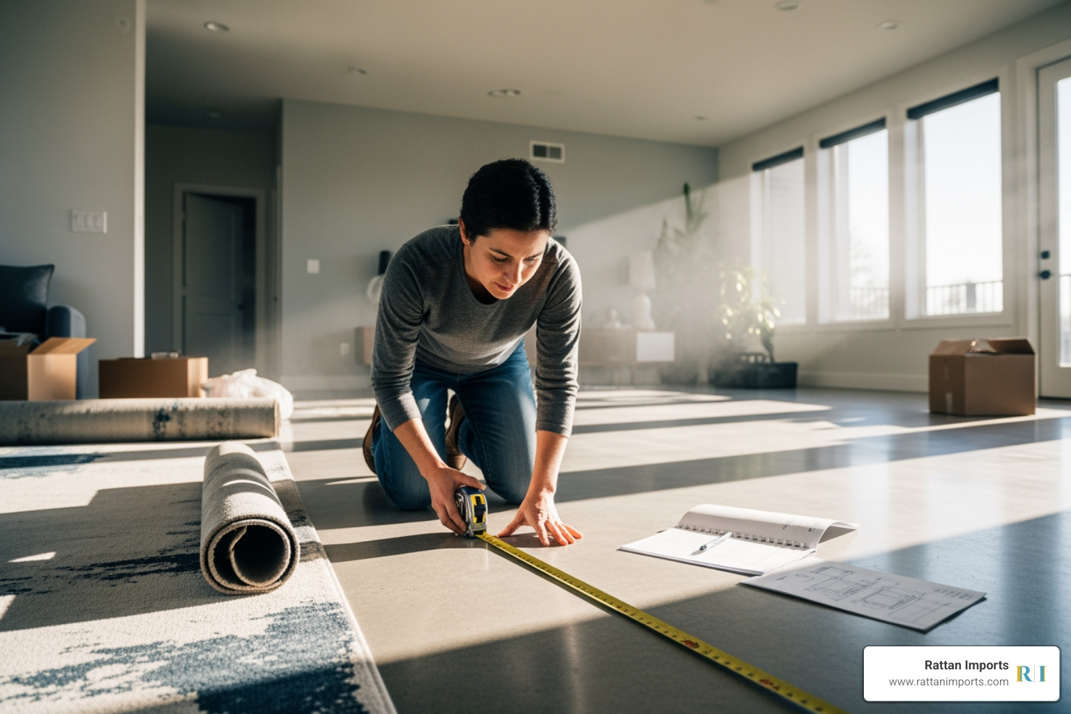 A person using a tape measure in a brightly lit living room to measure the available space for a new furniture piece. - rattan chaise lounge indoor