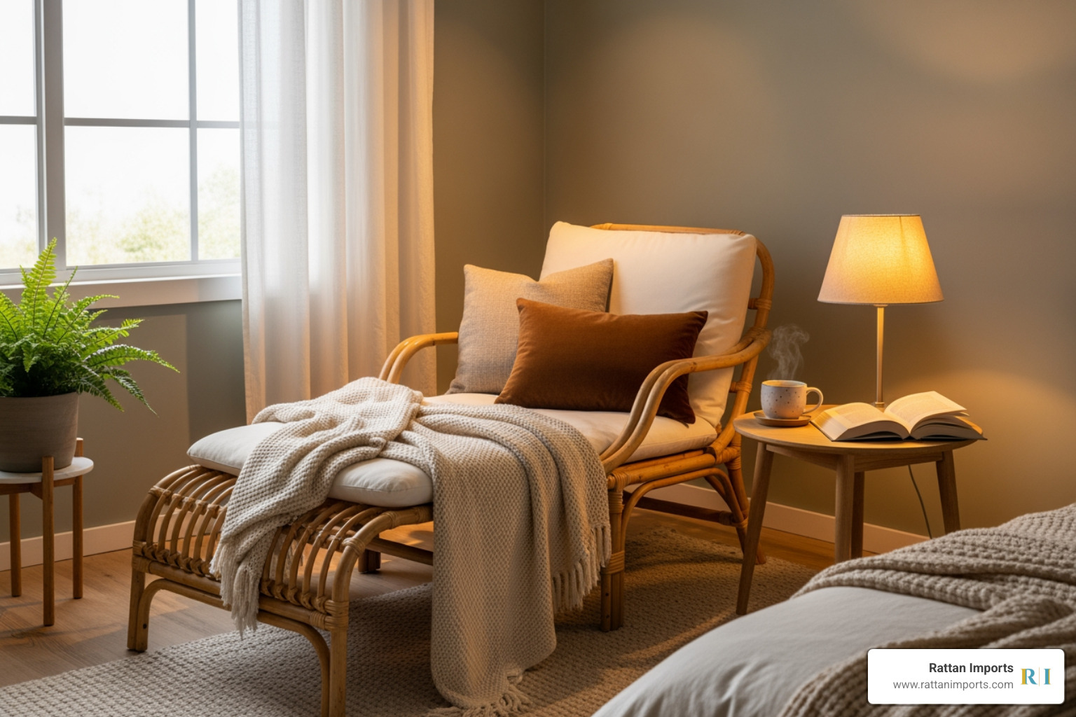 Cozy bedroom corner with a natural rattan chaise lounge, a small wooden side table holding a cup of tea, and a warm reading lamp, creating an inviting retreat. - rattan chaise lounge indoor