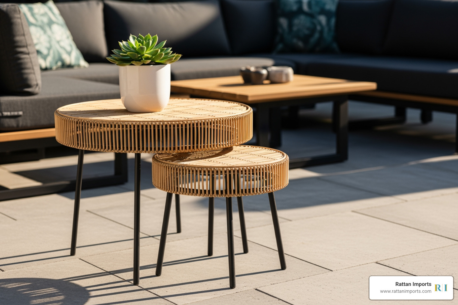 set of two nesting rattan side tables of varying heights on a patio. - Outdoor rattan side table