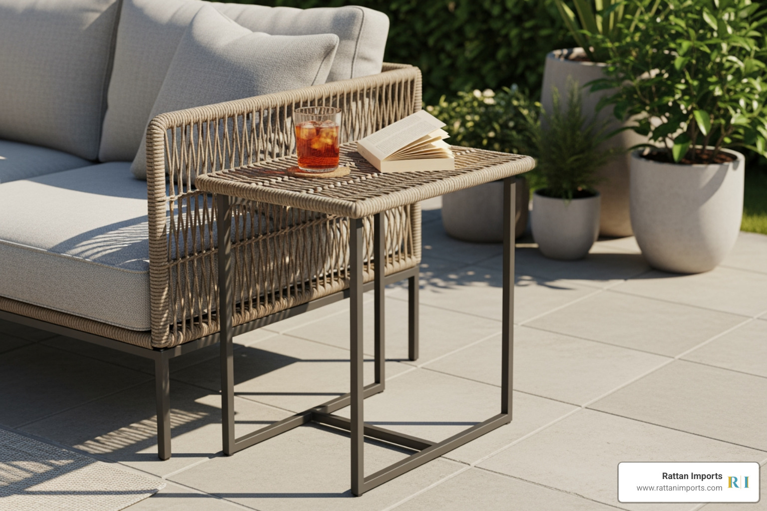 C-shaped rattan side table tucked under the edge of an outdoor sofa. - Outdoor rattan side table