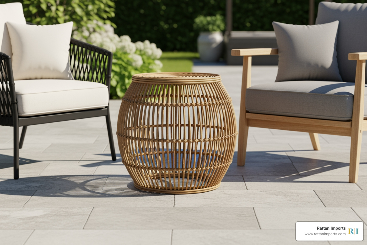 round, drum-shaped rattan side table between two outdoor armchairs. - Outdoor rattan side table