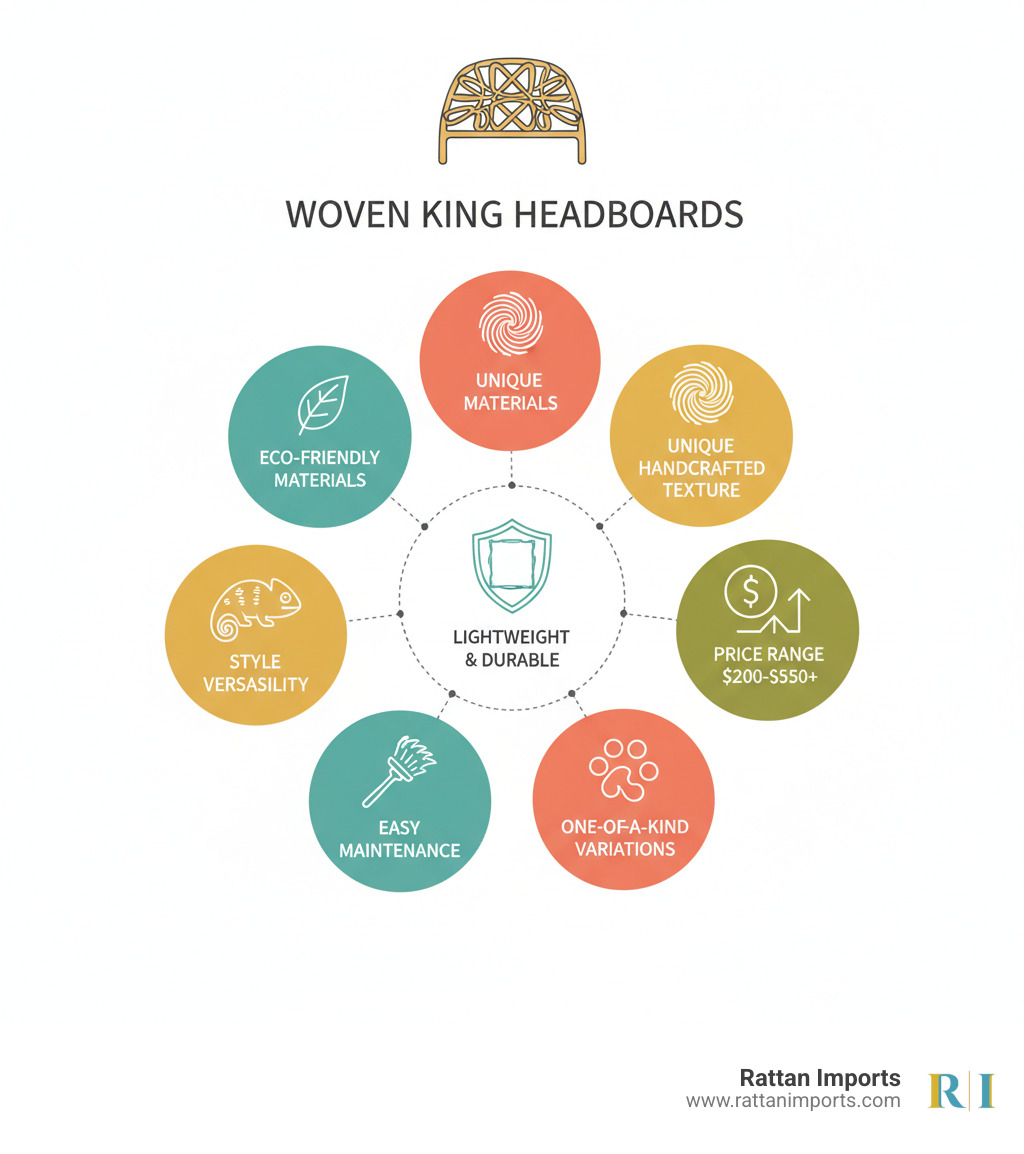 Infographic showing the key benefits of woven king headboards: Eco-friendly natural materials like rattan and seagrass are rapidly renewable; Unique handcrafted texture adds visual interest and warmth; Style versatility works with bohemian, coastal, farmhouse, and modern decor; Lightweight yet durable construction with solid wood or steel frames; Price range from $200-$550+ accommodates various budgets; Easy maintenance with regular dusting and spot cleaning; Natural color variations ensure each piece is one-of-a-kind - woven headboards king infographic 