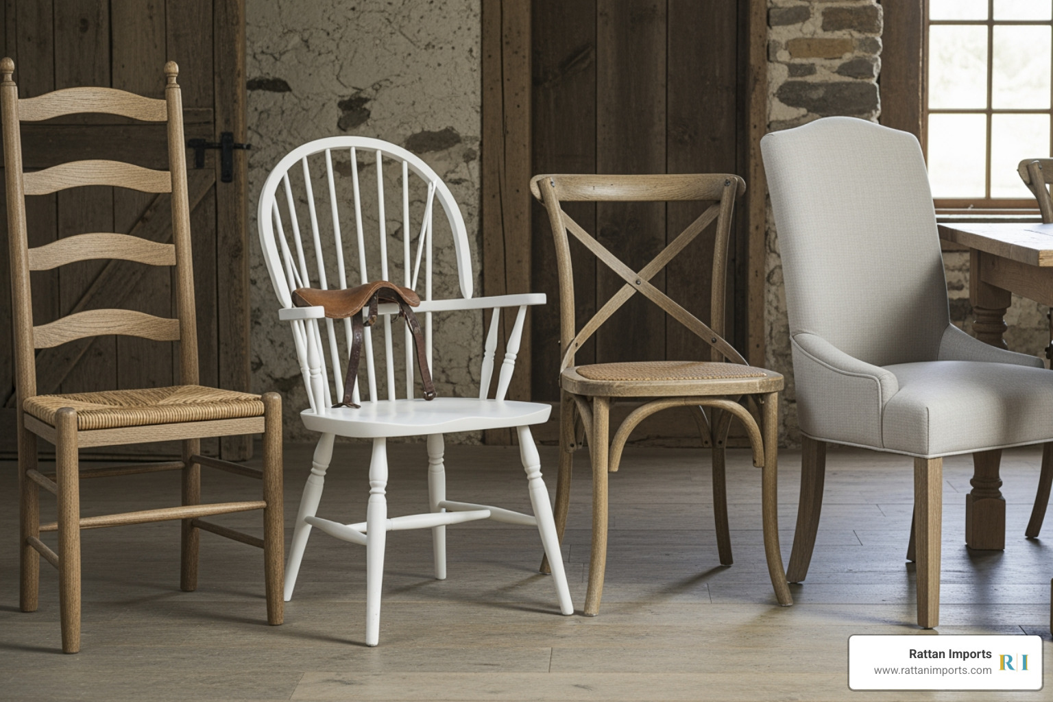four different farmhouse chair styles side-by-side: Ladder Back, Windsor, Cross Back, and Upholstered Parsons - farmhouse dining chair