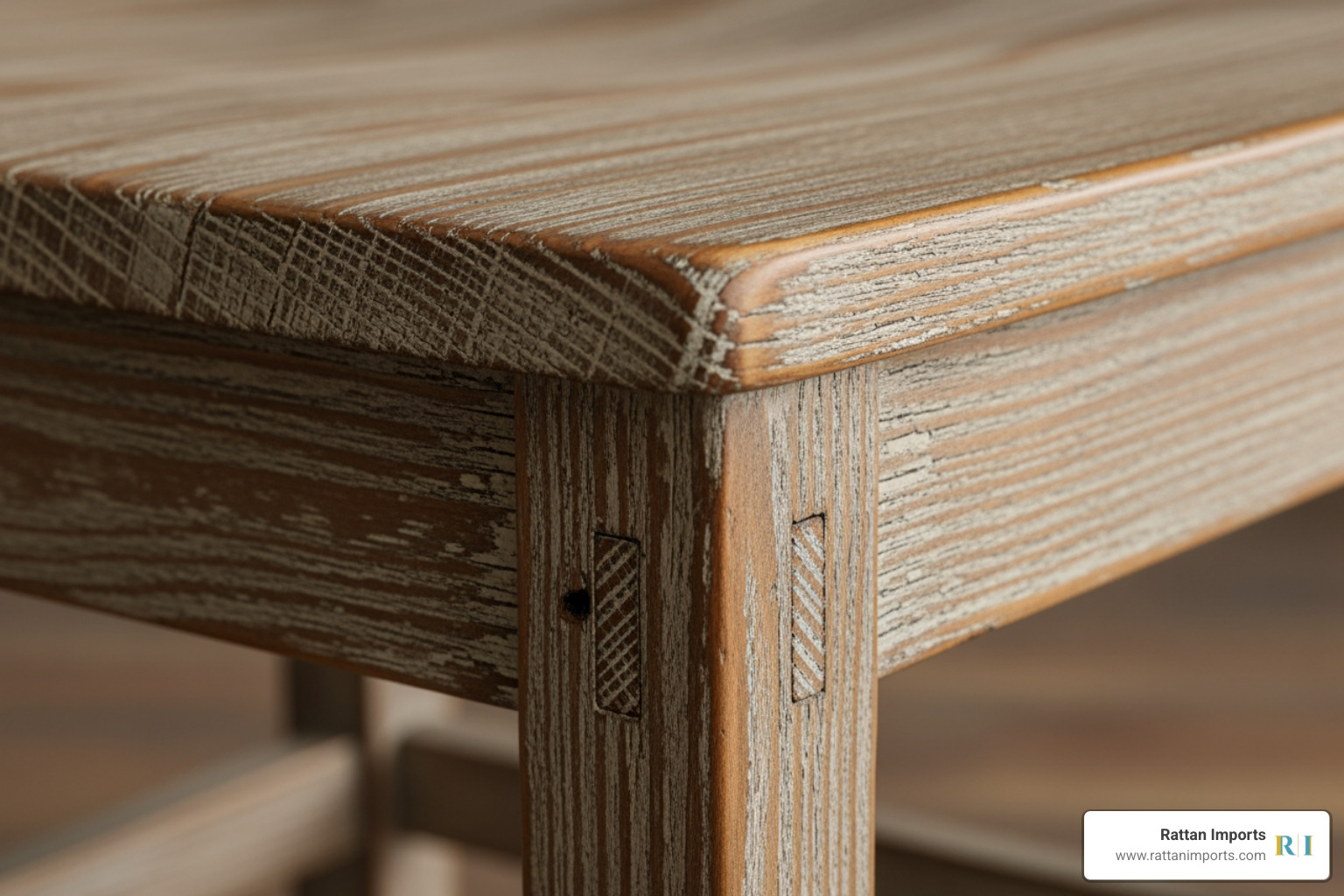 close-up on the distressed wood finish and joinery of a farmhouse chair - farmhouse dining chair