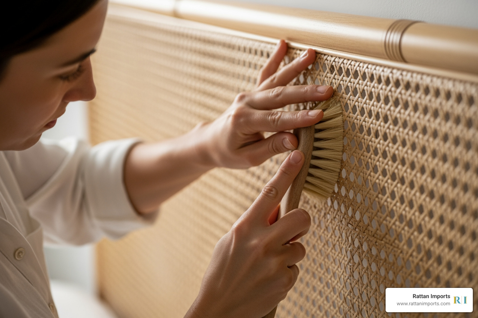 a person gently cleaning a woven headboard with a soft brush or cloth - woven bed