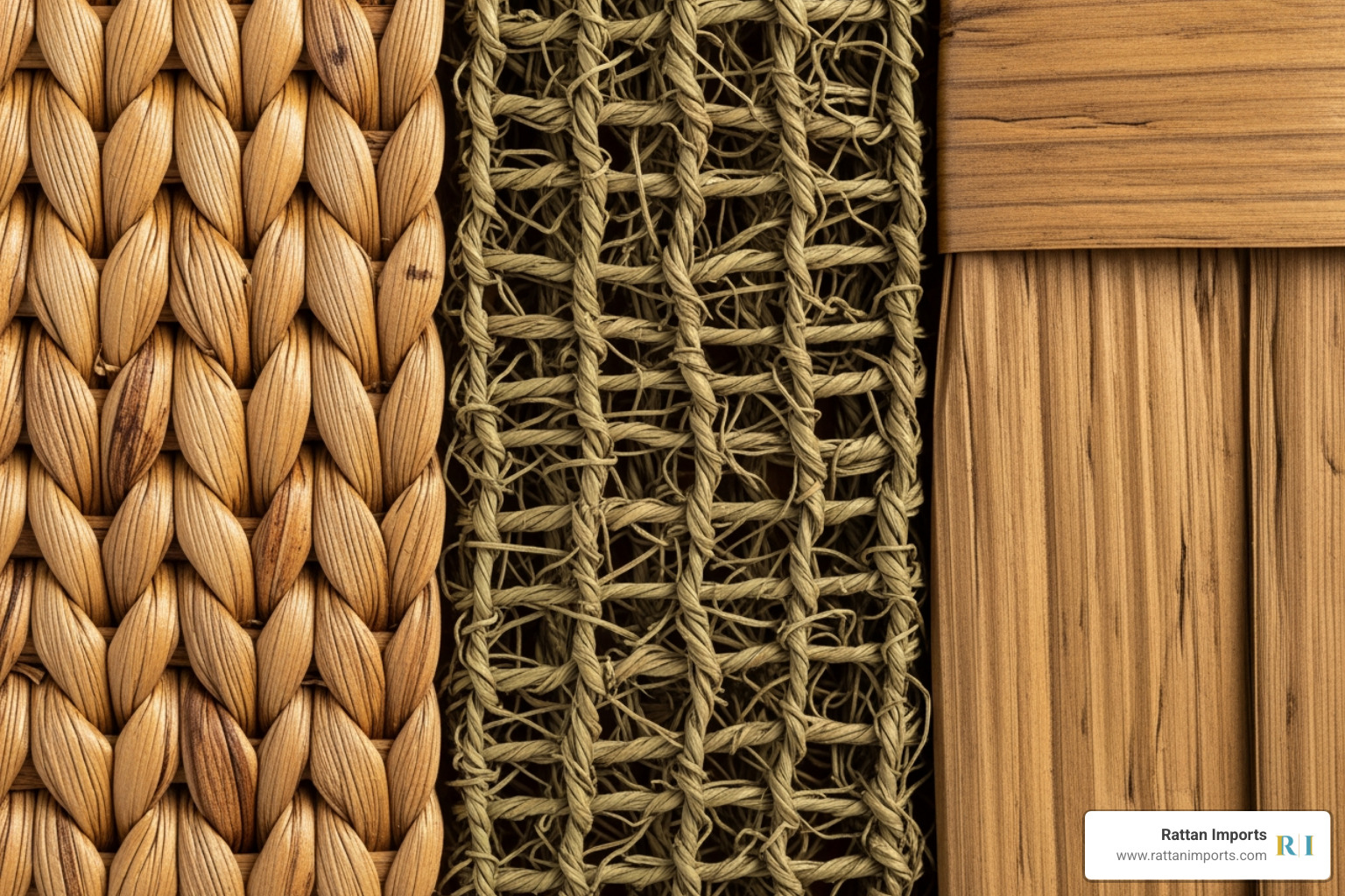 close-up shots showcasing the textures of different woven materials like rattan, seagrass, and banana leaf - woven bed