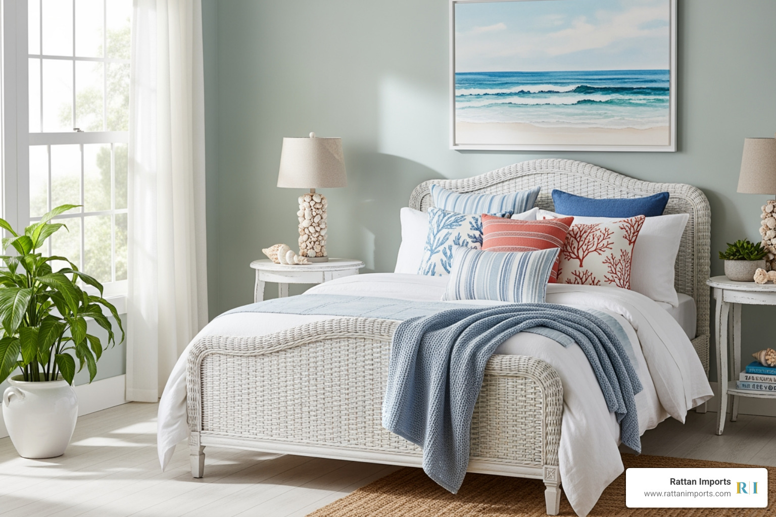 a bright, airy coastal-themed bedroom with a white wicker bed - woven bed
