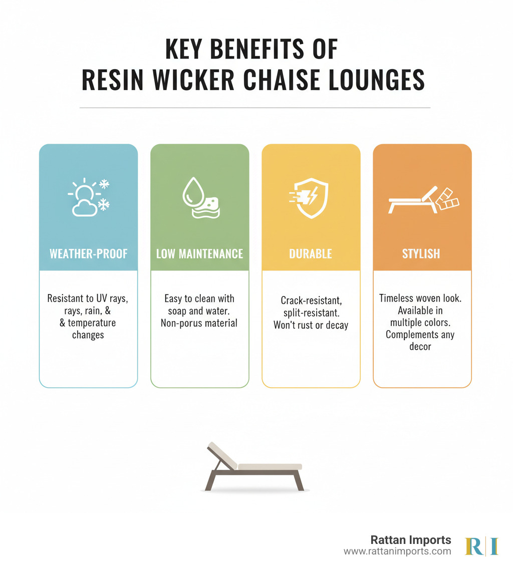 Key Benefits of Resin Wicker Chaise Lounges infographic showing four main advantages: Weather-Proof (resistant to UV rays, rain, and temperature changes), Low Maintenance (easy to clean with soap and water, non-porous material), Durable (crack-resistant, split-resistant, won't rust or decay), and Stylish (timeless woven look, available in multiple colors, complements any decor) - resin wicker chaise lounge infographic 
