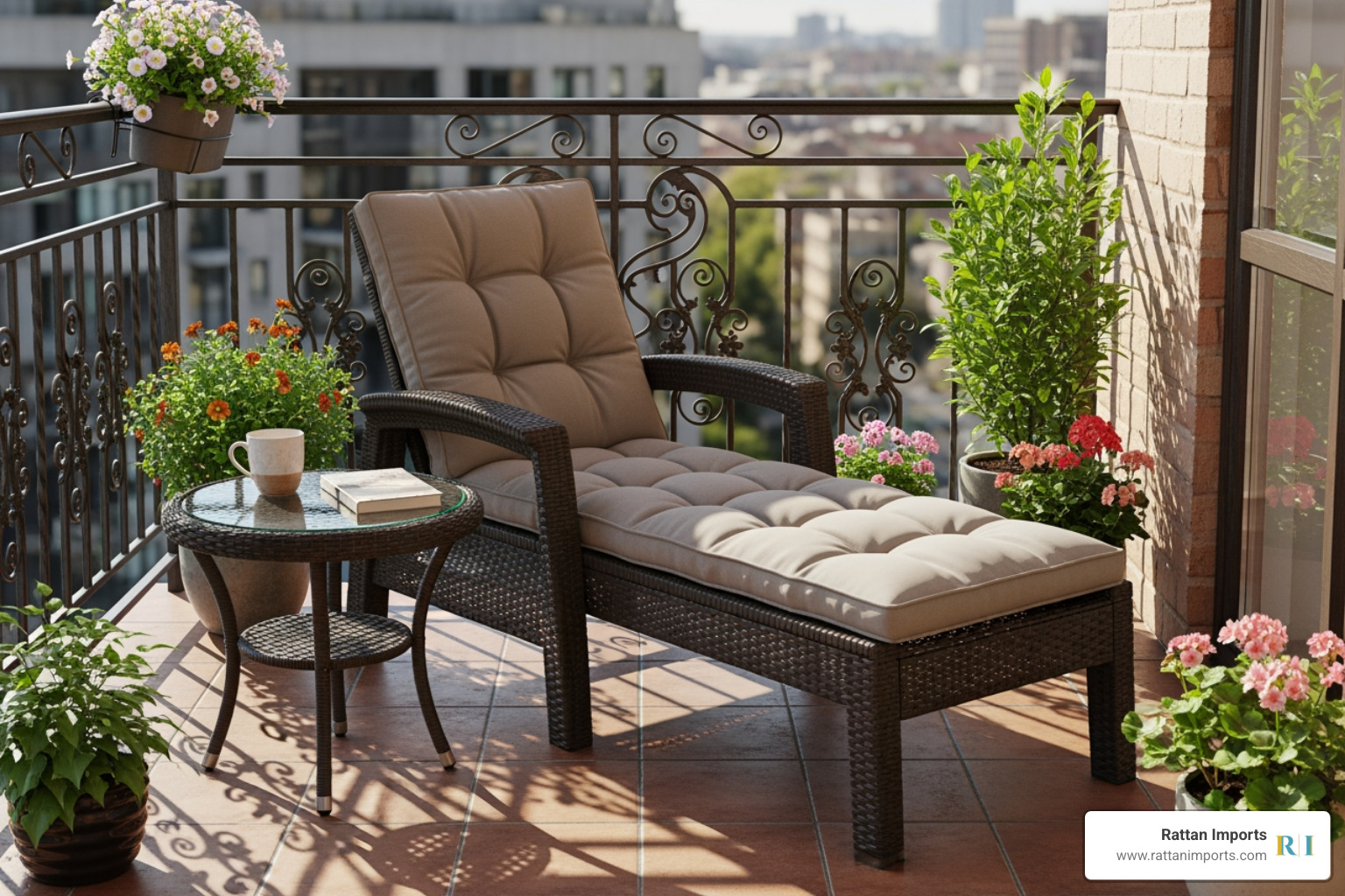 small balcony with a single resin wicker chaise lounge - resin wicker chaise lounge