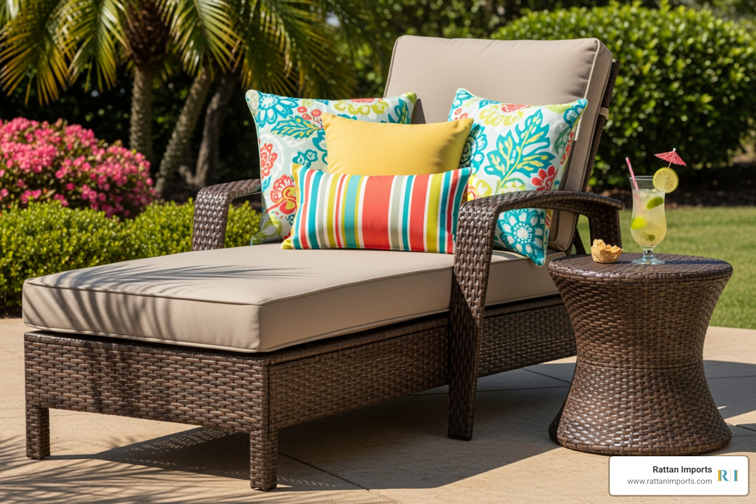 styled resin wicker chaise lounge with colorful throw pillows, a side table, and a drink - resin wicker chaise lounge