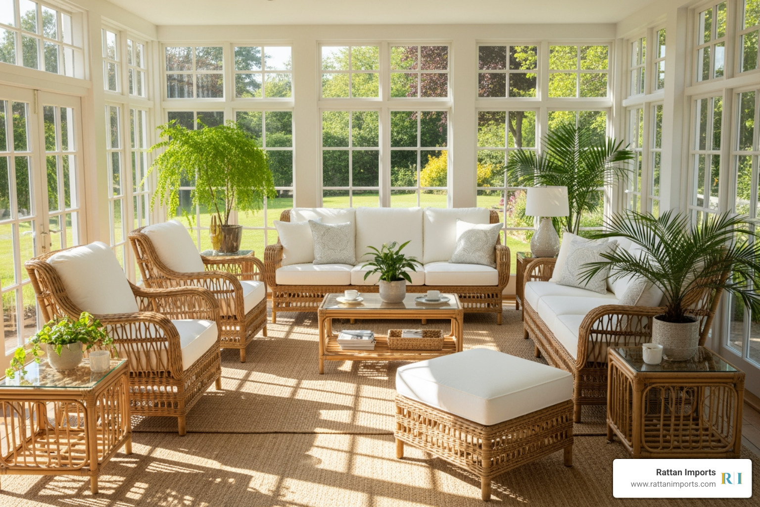 Sun-drenched sunroom featuring the South Sea Rattan Bermuda collection - South Sea Rattan Furniture