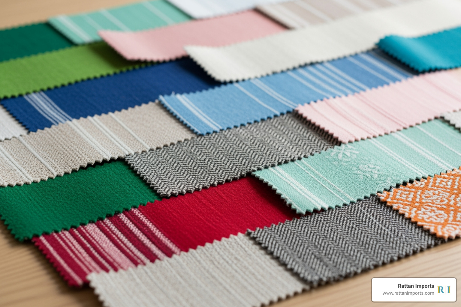 Variety of colorful fabric swatches available for South Sea Rattan cushions - South Sea Rattan Furniture