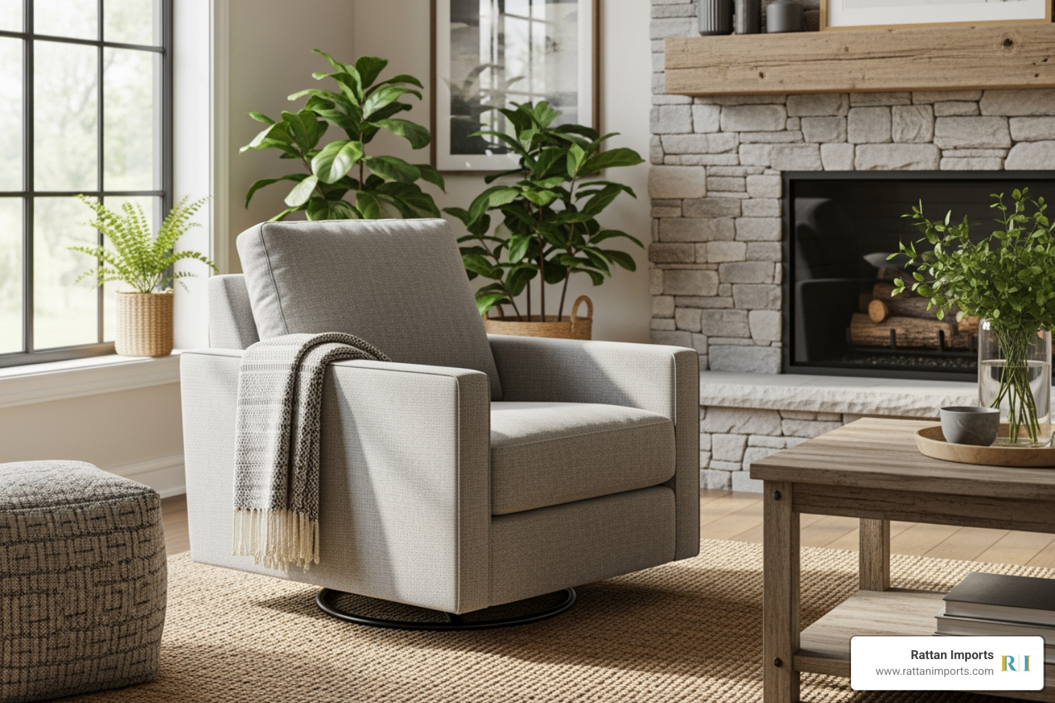 sleek, fabric-upholstered swivel chair in a modern farmhouse living room - farmhouse chairs with arms