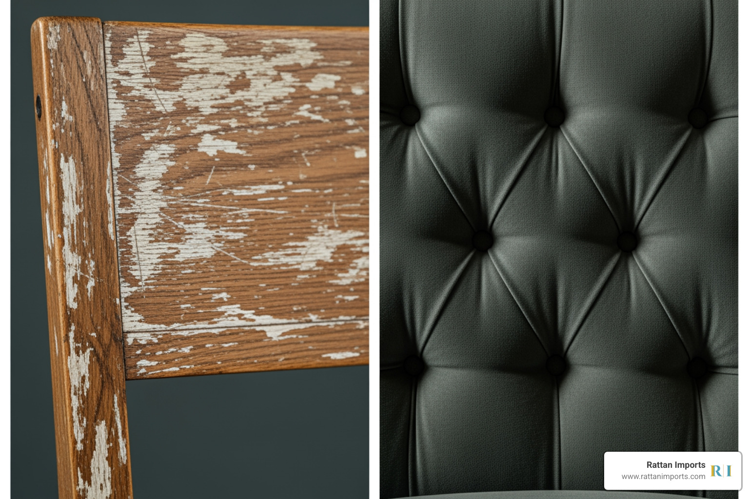 close-up on a chair's distressed wood finish and another on neat button tufting - farmhouse chairs with arms