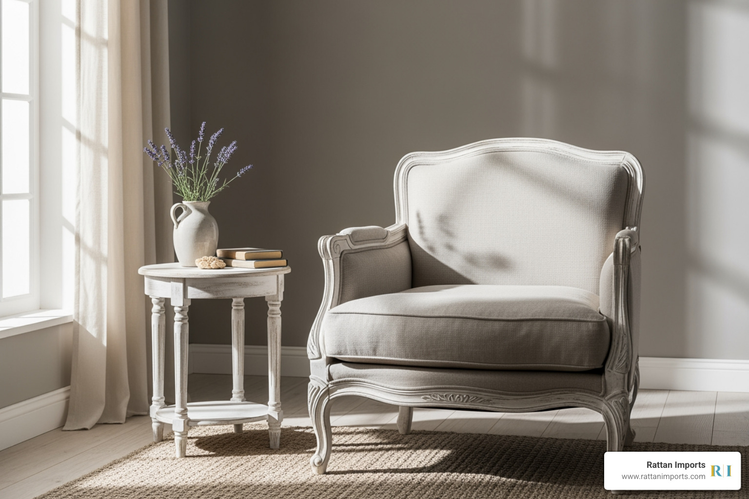 neat French Country style chair with a distressed white wood frame and linen upholstery - farmhouse chairs with arms