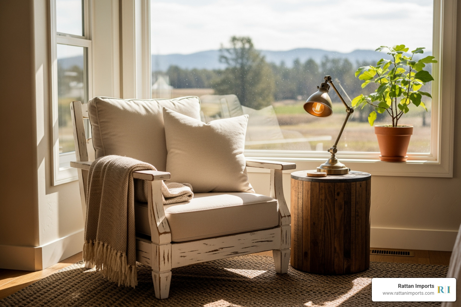 beautifully styled farmhouse chair in a reading nook with a small side table, lamp, and plant - farmhouse chairs with arms