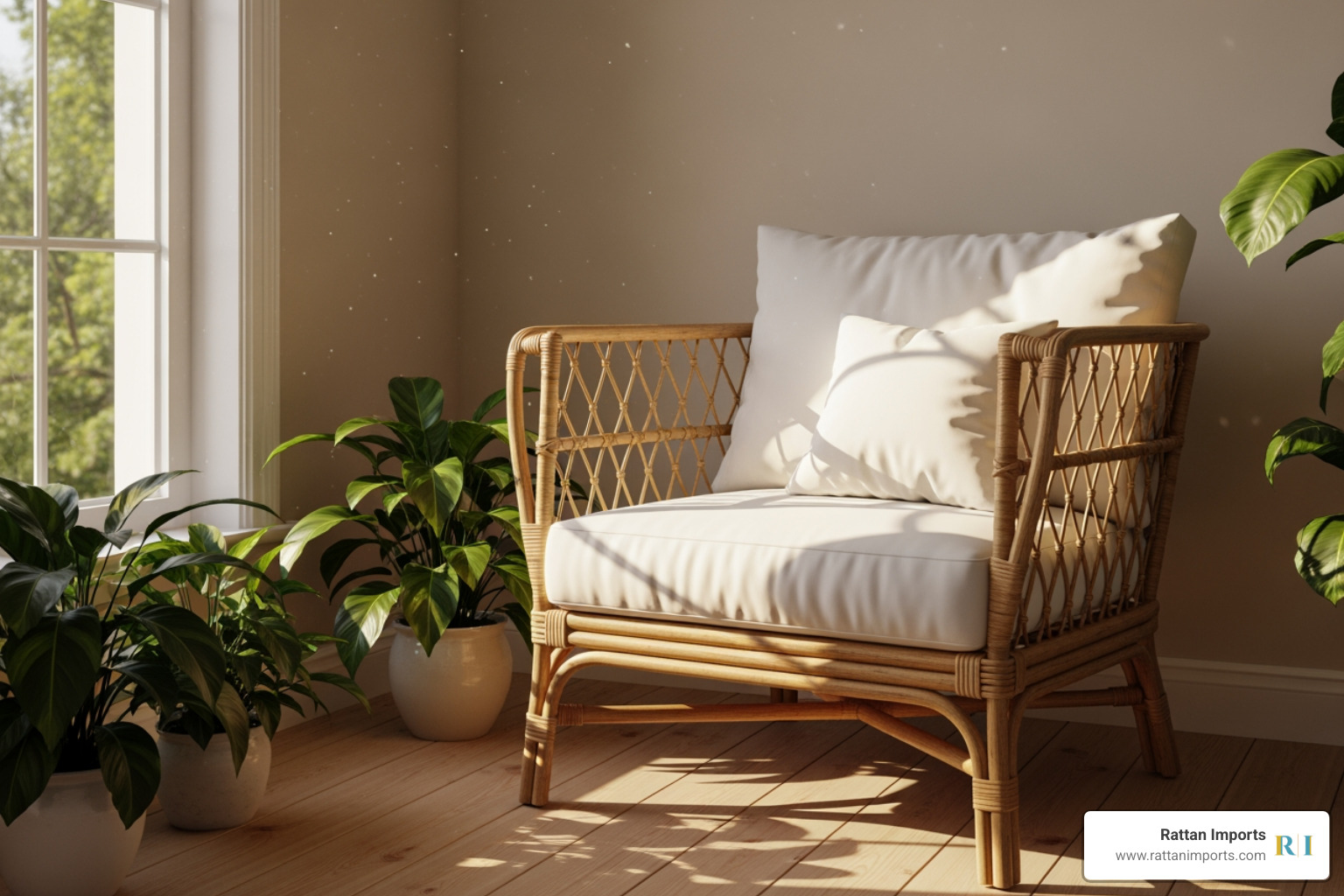 natural rattan armchair with thick white cushions in a sunlit room - farmhouse chairs with arms