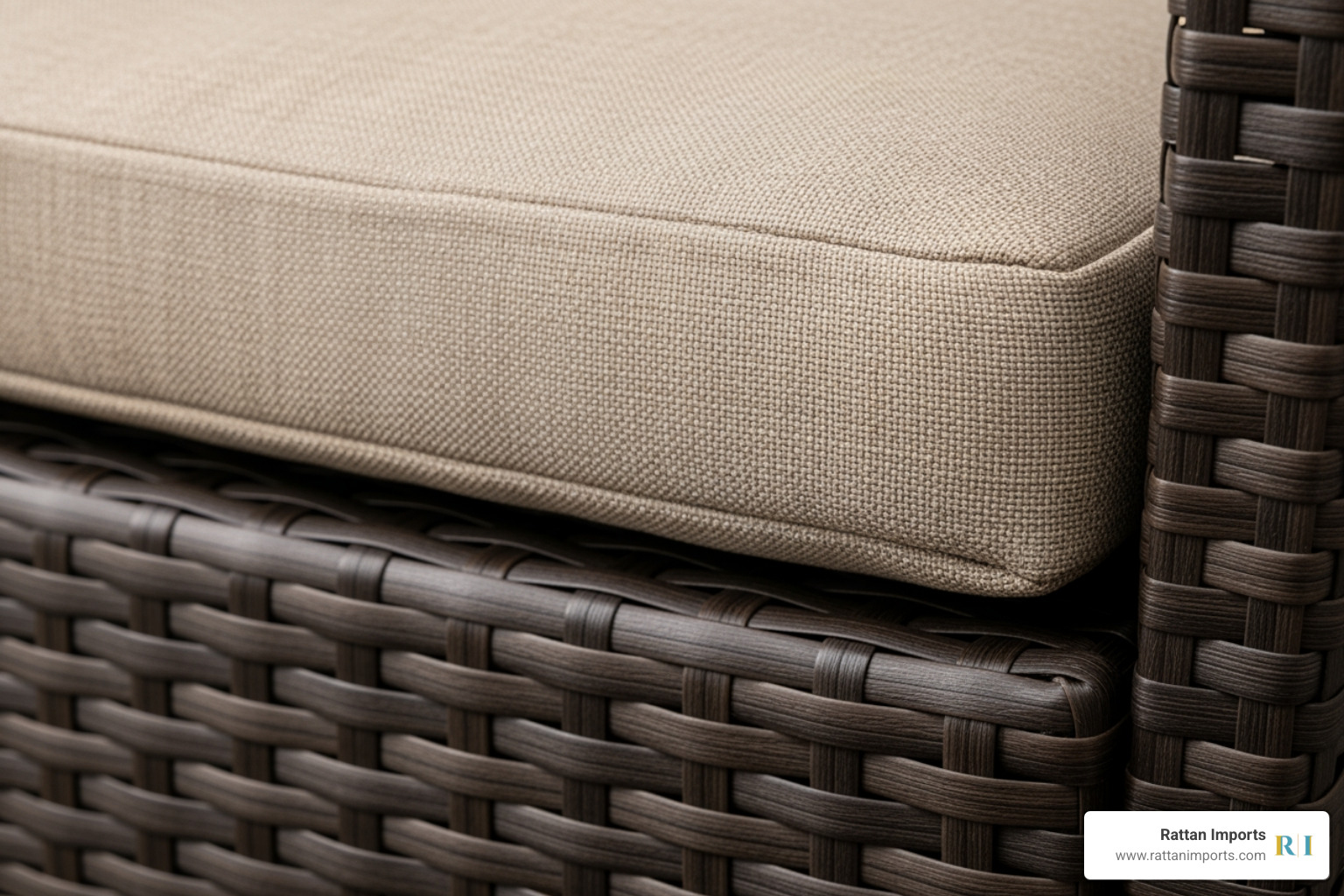 close-up of high-quality wicker weave and a thick, weather-resistant cushion - dark brown wicker chaise lounge close-up of high-quality wicker weave and a thick, weather-resistant cushion - dark brown wicker chaise lounge