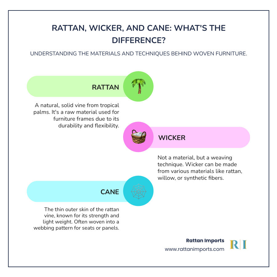 infographic showing the differences between rattan, wicker, and cane materials, including their source plants, weaving techniques, typical uses in furniture, and durability characteristics - woven cane bedside table infographic infographic-line-3-steps-colors