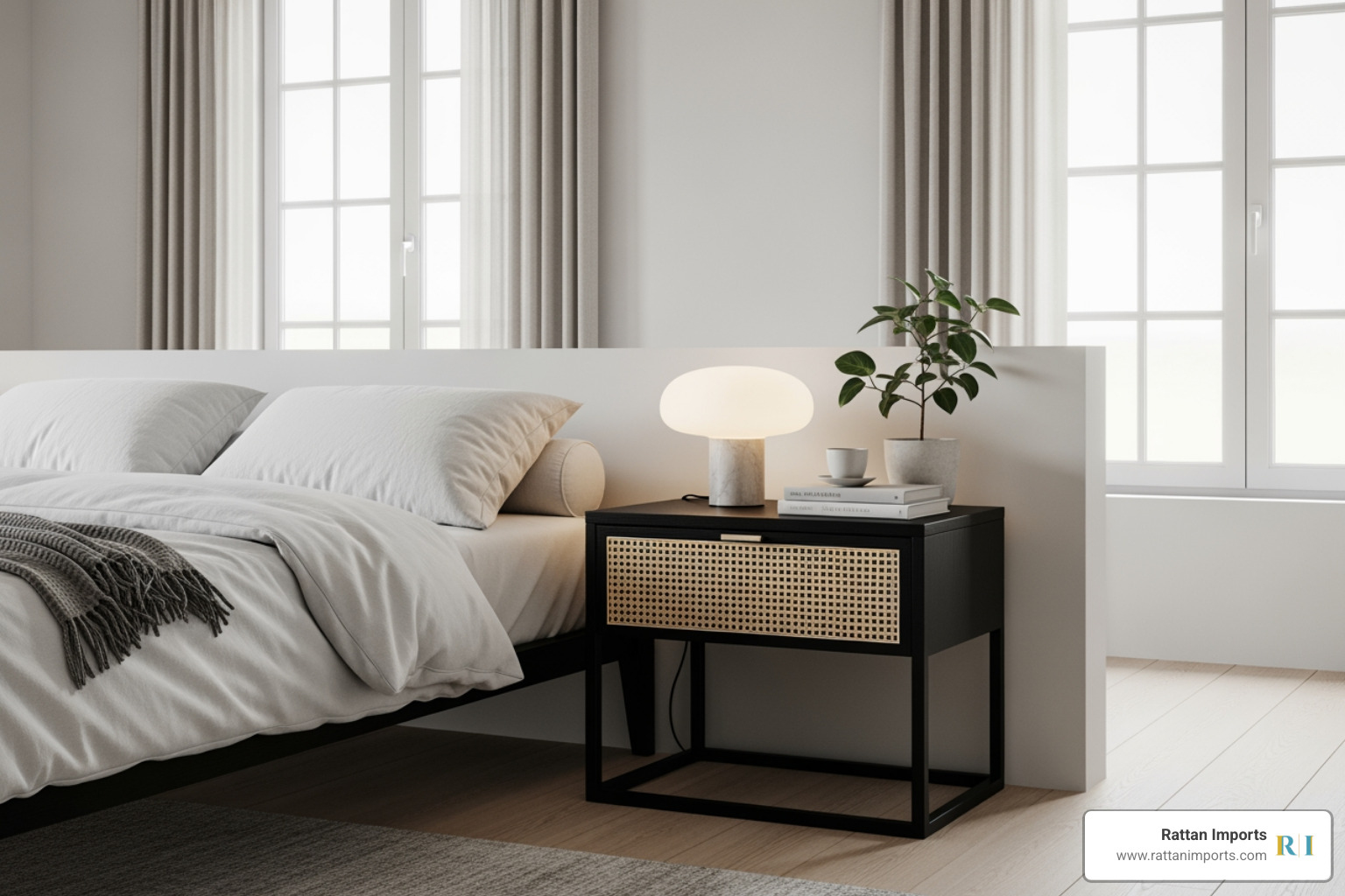 modern, minimalist bedroom featuring a sleek black cane nightstand for contrast - woven cane bedside table