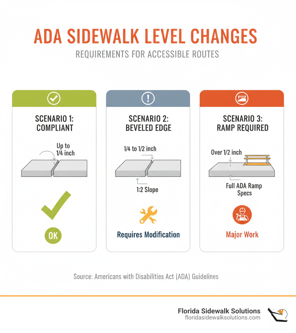 infographic showing ADA sidewalk level change requirements with three scenarios: vertical changes up to 1/4 inch shown as compliant, changes between 1/4 and 1/2 inch requiring a beveled edge at 1:2 slope, and changes over 1/2 inch requiring ramp treatment with handrails and landings - ADA trip hazard infographic infographic showing ADA sidewalk level change requirements with three scenarios: vertical changes up to 1/4 inch shown as compliant, changes between 1/4 and 1/2 inch requiring a beveled edge at 1:2 slope, and changes over 1/2 inch requiring ramp treatment with handrails and landings - ADA trip hazard infographic