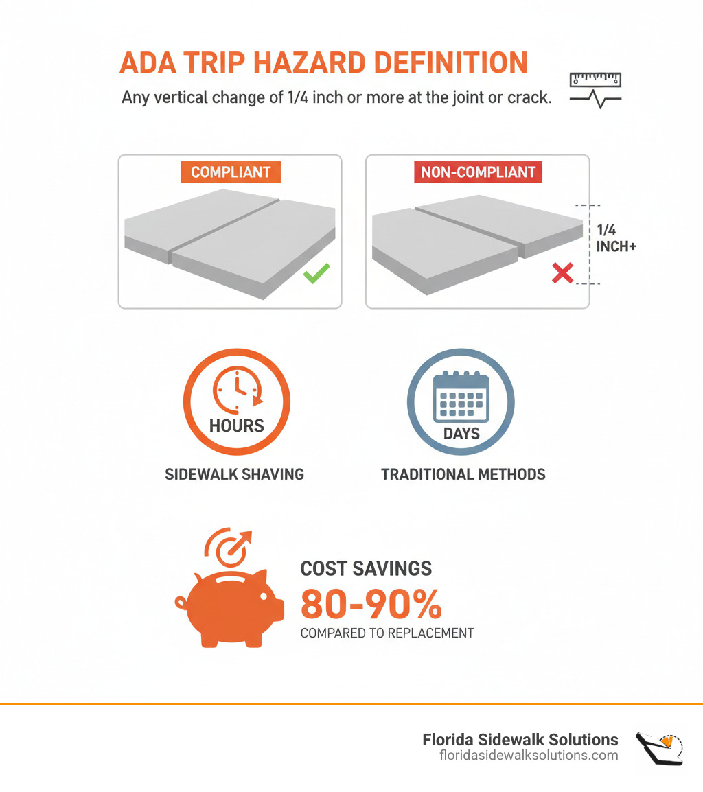 Infographic showing ADA trip hazard definition: any vertical change of 1/4 inch or more at a joint or crack, with visual comparison of compliant vs non-compliant sidewalk sections, repair time of hours vs days for traditional methods, and cost savings of up to 80-90% compared to replacement - sidewalk shaving infographic Infographic showing ADA trip hazard definition: any vertical change of 1/4 inch or more at a joint or crack, with visual comparison of compliant vs non-compliant sidewalk sections, repair time of hours vs days for traditional methods, and cost savings of up to 80-90% compared to replacement - sidewalk shaving infographic