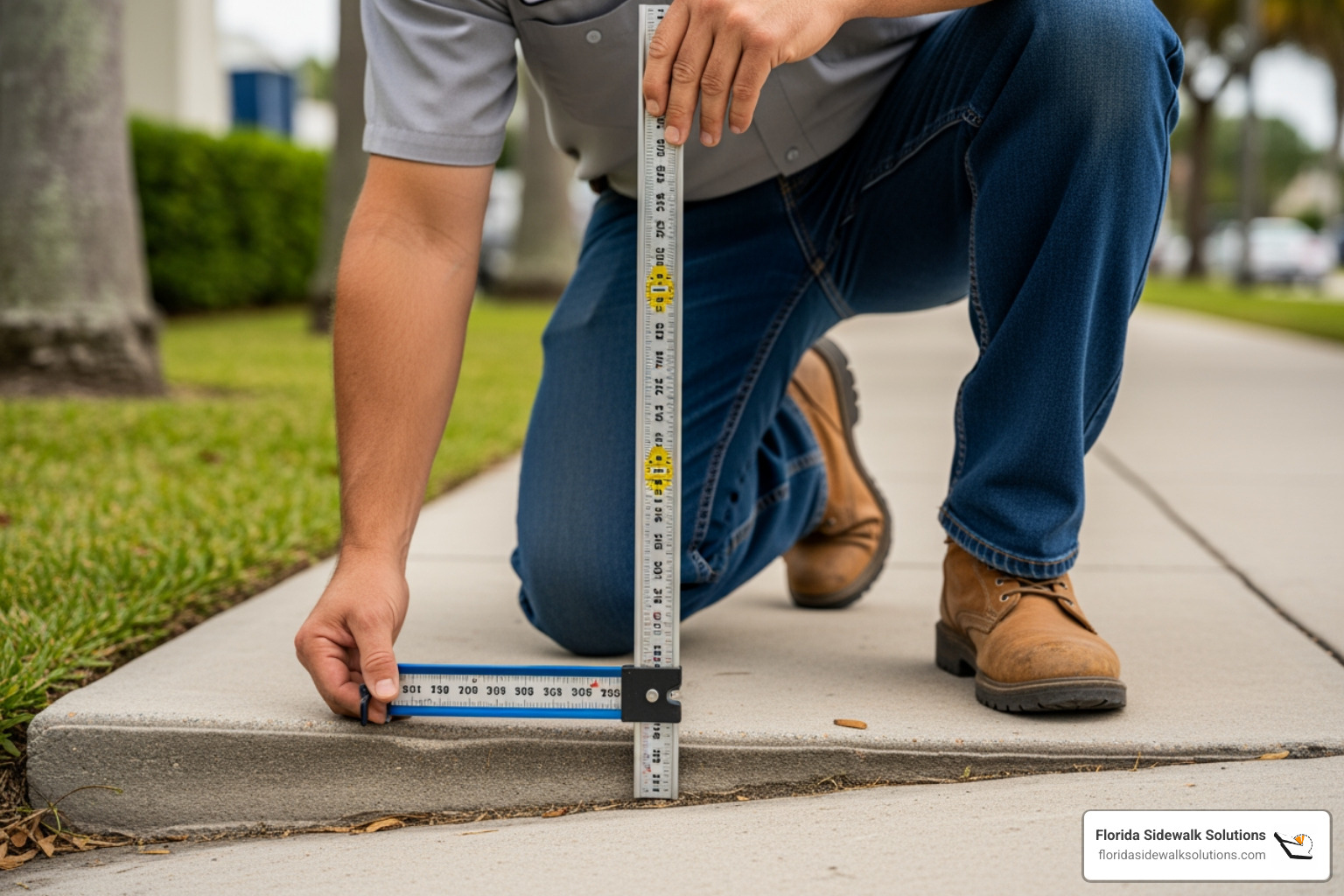 Florida Sidewalk Solutions technician measuring a sidewalk trip hazard - sidewalk shaving Florida Sidewalk Solutions technician measuring a sidewalk trip hazard - sidewalk shaving
