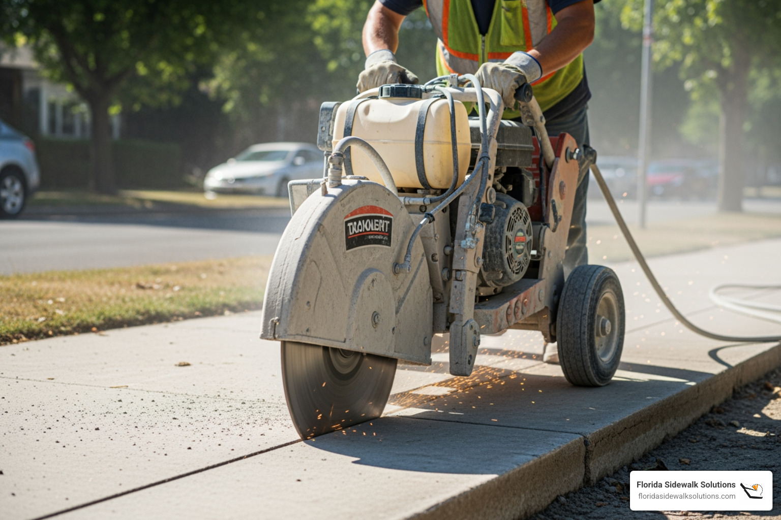 Florida Sidewalk Solutions' specialized horizontal cutting equipment in action - sidewalk shaving Florida Sidewalk Solutions' specialized horizontal cutting equipment in action - sidewalk shaving