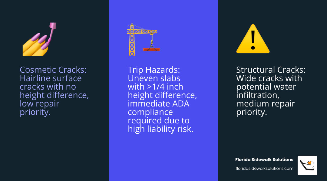 Infographic showing three categories of sidewalk damage: Cosmetic Cracks (hairline surface cracks, no height difference, low priority), Structural Cracks (wide cracks with potential water infiltration, medium priority), and Trip Hazards (uneven slabs with height difference over 1/4 inch, immediate ADA compliance required, high liability risk) - Cracked concrete repair infographic 3_facts_emoji_blue Infographic showing three categories of sidewalk damage: Cosmetic Cracks (hairline surface cracks, no height difference, low priority), Structural Cracks (wide cracks with potential water infiltration, medium priority), and Trip Hazards (uneven slabs with height difference over 1/4 inch, immediate ADA compliance required, high liability risk) - Cracked concrete repair infographic 3_facts_emoji_blue
