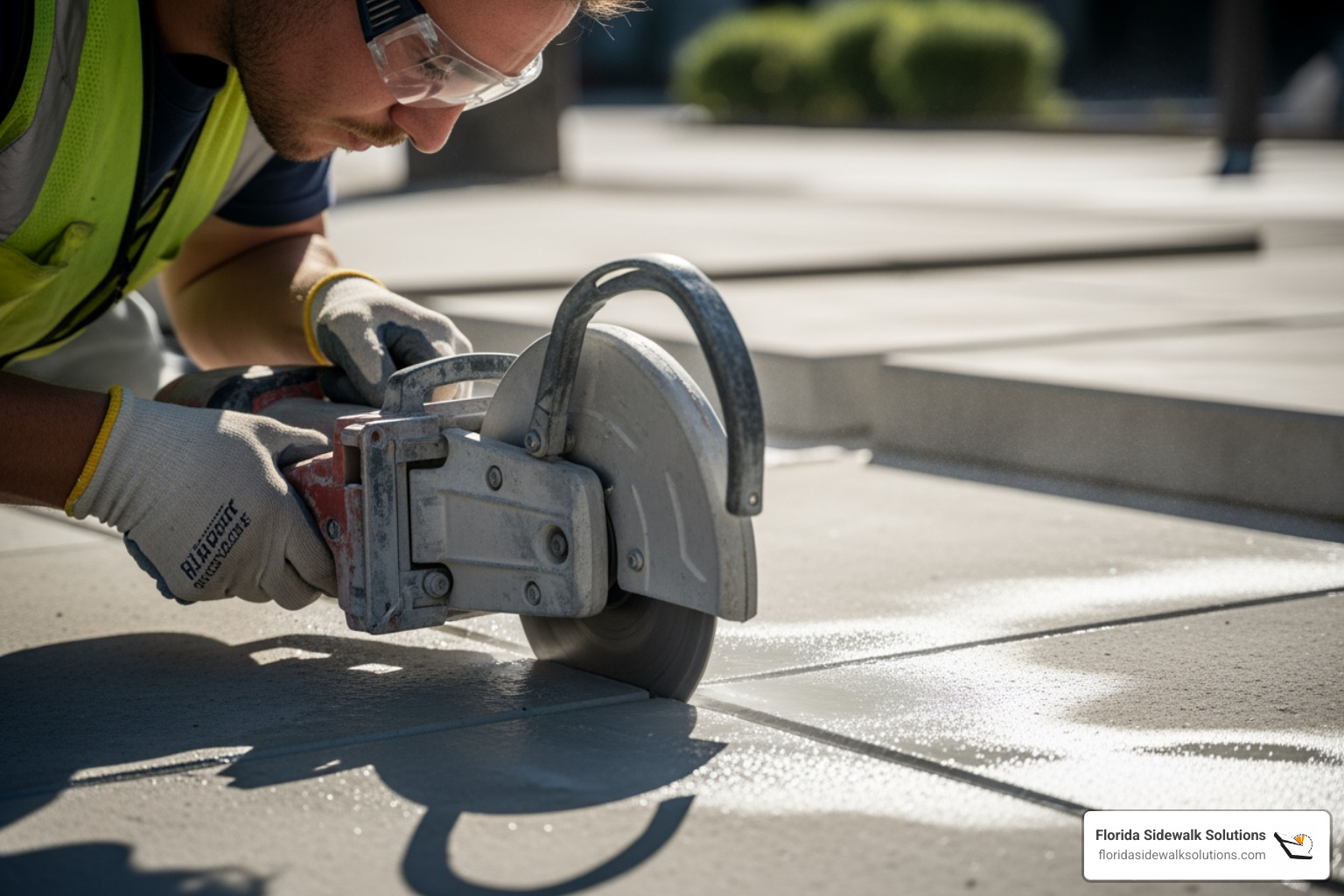 clean, precise cut made by a Florida Sidewalk Solutions technician to level a sidewalk panel - Cracked concrete repair clean, precise cut made by a Florida Sidewalk Solutions technician to level a sidewalk panel - Cracked concrete repair