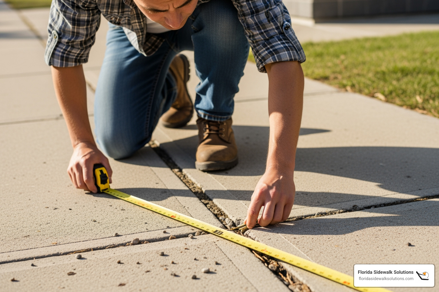 someone inspecting a sidewalk crack with a measuring tape - Cracked concrete repair someone inspecting a sidewalk crack with a measuring tape - Cracked concrete repair