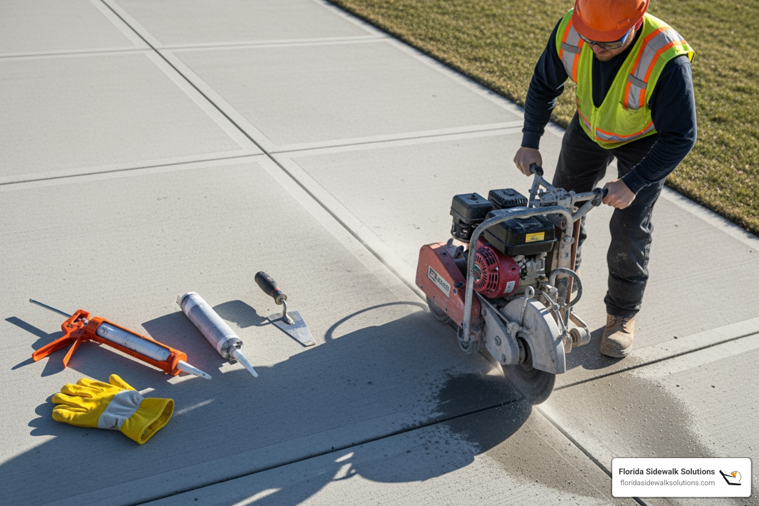 DIY crack sealing materials next to a professional using specialized sidewalk cutting equipment - Cracked concrete repair DIY crack sealing materials next to a professional using specialized sidewalk cutting equipment - Cracked concrete repair