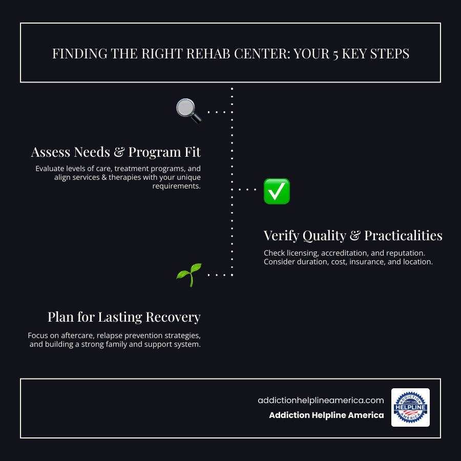 infographic showing the 5 key factors for choosing a rehab center: levels of care offered, specialized services and therapies, licensing and accreditation verification, practical considerations like cost and duration, and aftercare planning with family support - rehab centers infographic infographic-line-3-steps-dark infographic showing the 5 key factors for choosing a rehab center: levels of care offered, specialized services and therapies, licensing and accreditation verification, practical considerations like cost and duration, and aftercare planning with family support - rehab centers infographic infographic-line-3-steps-dark