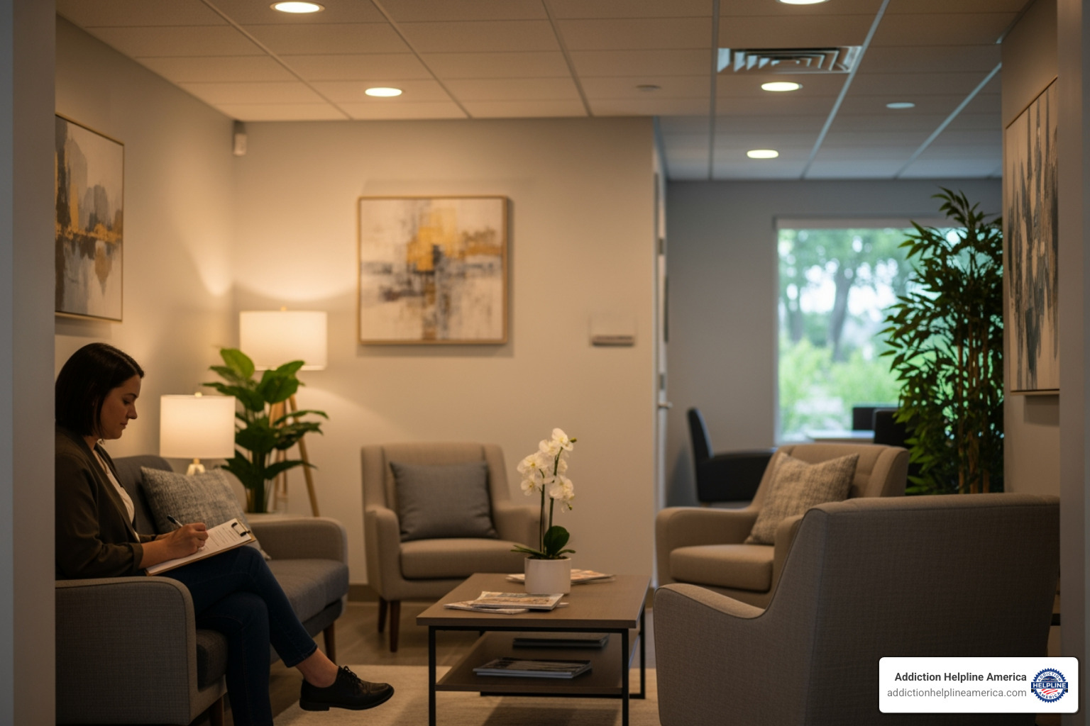 A person filling out intake paperwork in a comfortable waiting area - behavioral health near me A person filling out intake paperwork in a comfortable waiting area - behavioral health near me