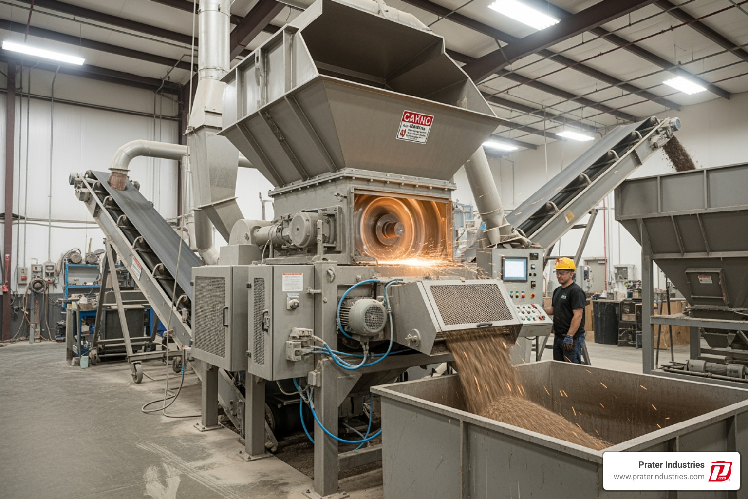 Prater grinder processing material at a recycling or food processing facility