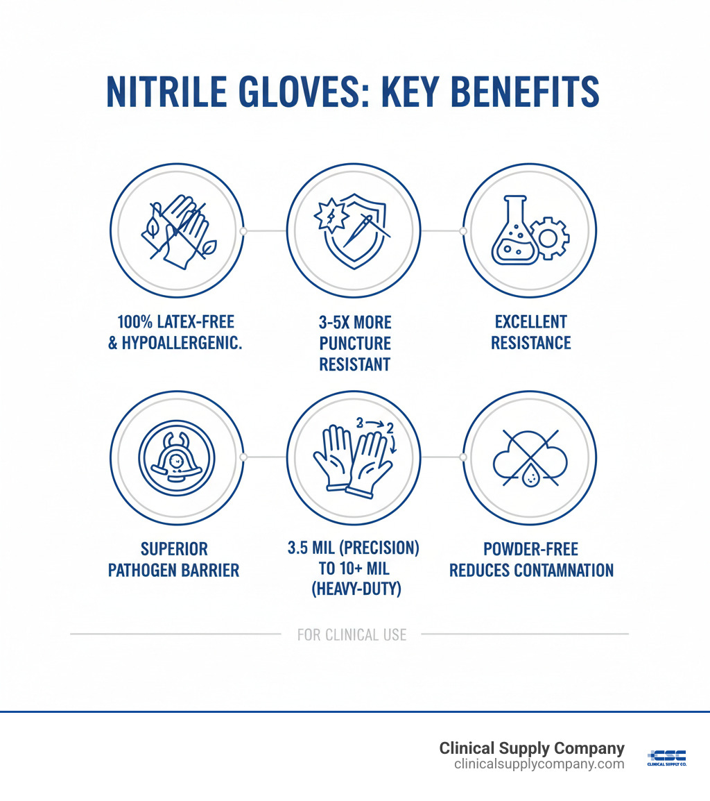 Infographic showing nitrile gloves benefits: 100% latex-free and hypoallergenic, 3-5x more puncture resistant than latex or vinyl, excellent chemical and solvent resistance, superior barrier protection against pathogens, available in thicknesses from 3.5 mil for precision work to 10+ mil for heavy-duty protection, powder-free options reduce contamination risk - nitrile exam gloves infographic
