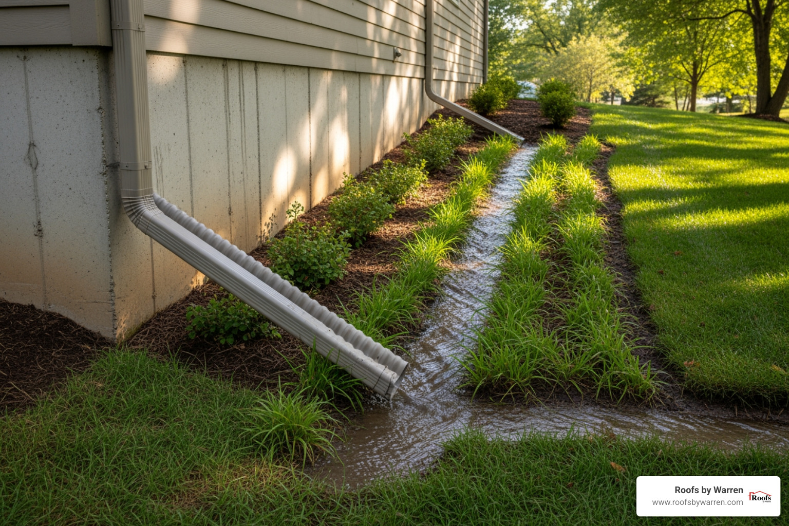 downspout with a properly installed extension carrying water away from a home's foundation into a swale - proper gutter placement
