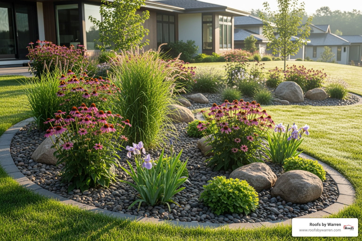 aesthetically pleasing rain garden integrated into a home's landscape - proper gutter placement